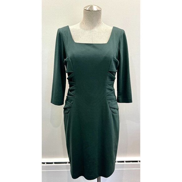 David Meister Vintage Dark Green 3/4 Sleeve Square Neck Sheath Dress Size 6 - Picture 1 of 5